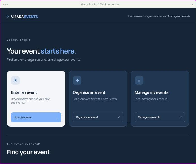 Visara Events platform preview: home screen with Enter, Organise and Manage event options